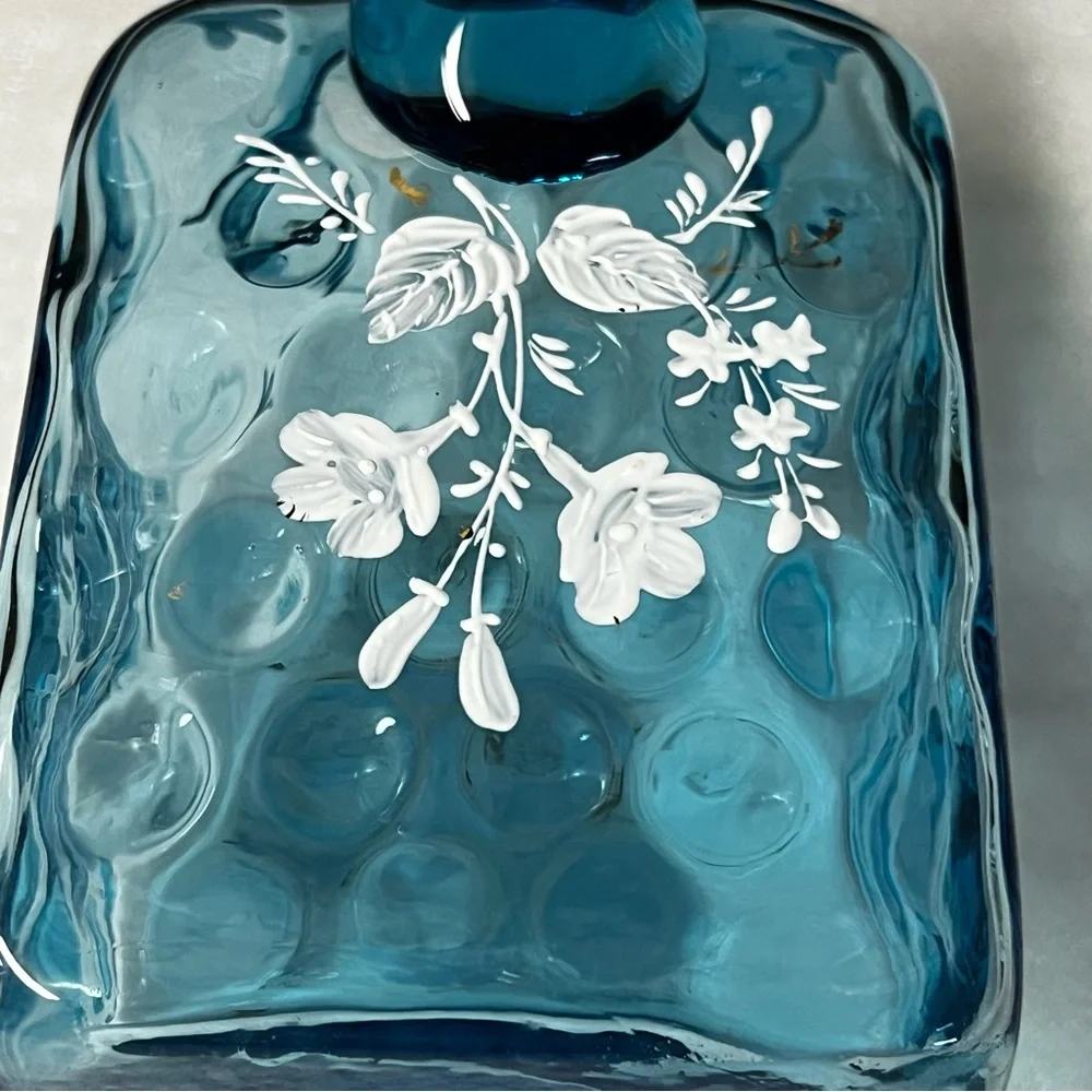 Vintage Victorian Blue Art Glass Enameled Hand-Painted Pitcher